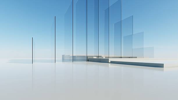 istock 3d render of abstract modern geometry architecture with empty cement floor and water, Minimal white building with exterior pool against blue sky background 2239919478