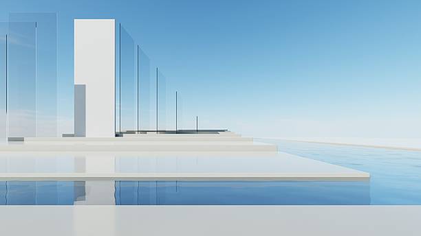 istock 3d render of abstract modern geometry architecture with empty cement floor and water, Minimal white building with exterior pool against blue sky background 2239919479