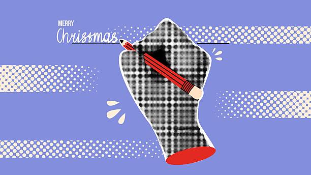istock Festive poster or banner collage with hand holding pencil and writing handwritten inscription Merry Christmas 2239925520