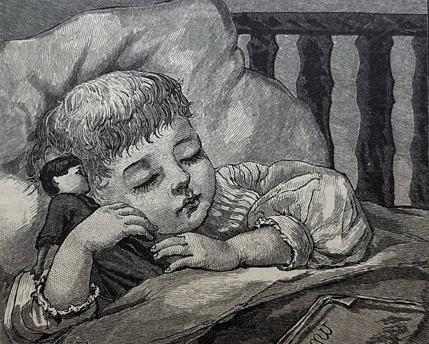 Antique illustration pre 1900 - young girl asleep in bed holding her doll