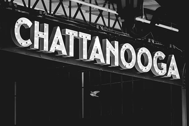 A timeless black-and-white photograph featuring the iconic CHATTANOOGA sign glowing against a dark backdrop, just as a white bird passes through the frame mid-flight. The image balances urban architecture with a fleeting natural moment  a symbolic blend of place and freedom. A striking minimalist composition that feels nostalgic yet modern.