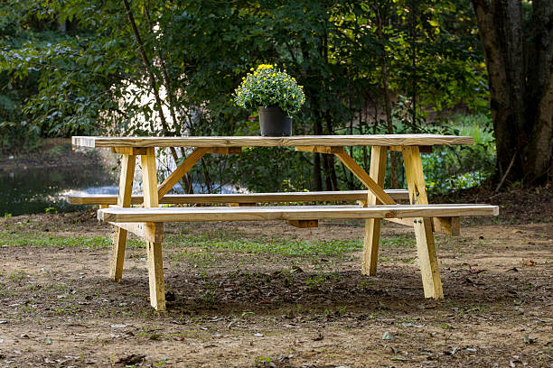 istock Picnic Table with Flowers by Pond 2239932616
