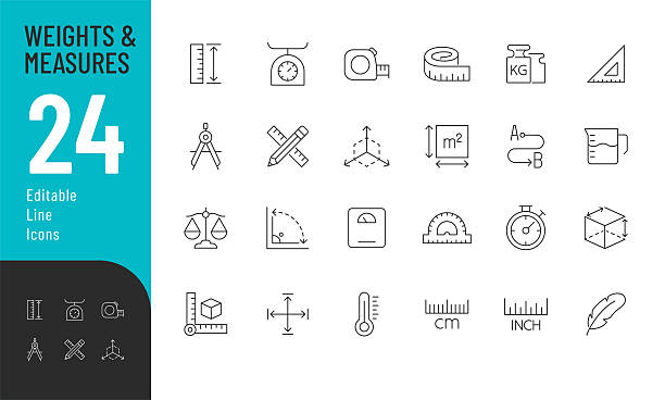 Weights and Measures Line Editable Icons set. Vector illustration in modern thin line style of measurement related icons: ruler, scale, measure tape, and more. Isolated on background mass unit of measurement stock illustrations