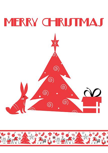 istock Christmas vector invitation card in folk art design. Christmas tree, gift and rabbit on white background. Design illustration for cover, print, poster, wallpaper. 2239934854
