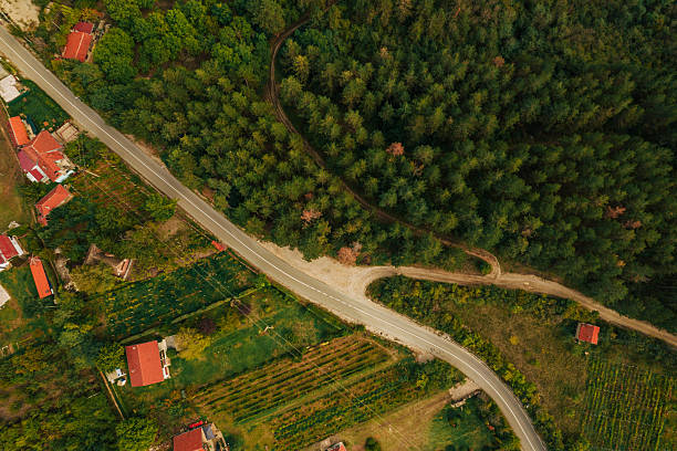 istock Rural winding road passing through forest and village 2239938006