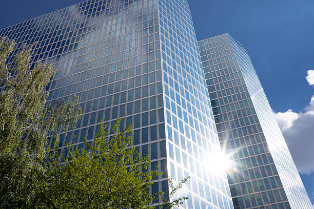 Modern glass skyscrapers reflecting bright sunlight and sky, framed with green trees. Architectural symmetry, natural light, and urban design combine in a clean structured composition.