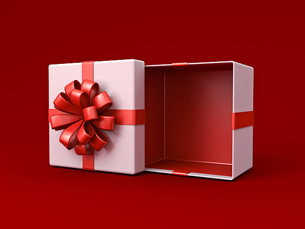 istock Blank product display gift box mockup exhibition booth stand open or opened present box with red ribbon bow isolated on dark red background with shadow minimal creative idea conceptual 3D rendering 2239942957