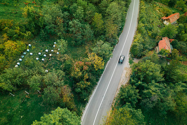 istock Aerial view car driving past forest apiary 2239943157