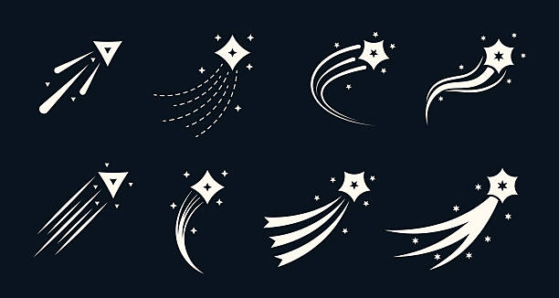 Comet and falling star silhouettes with glowing trails. Retro Y2K vector collection of flying meteors and abstract shapes. Dynamic cosmic design with magical motion.