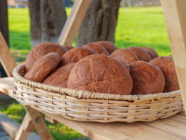 Freshly Baked Rye Bread in Wicker Basket. High quality photo