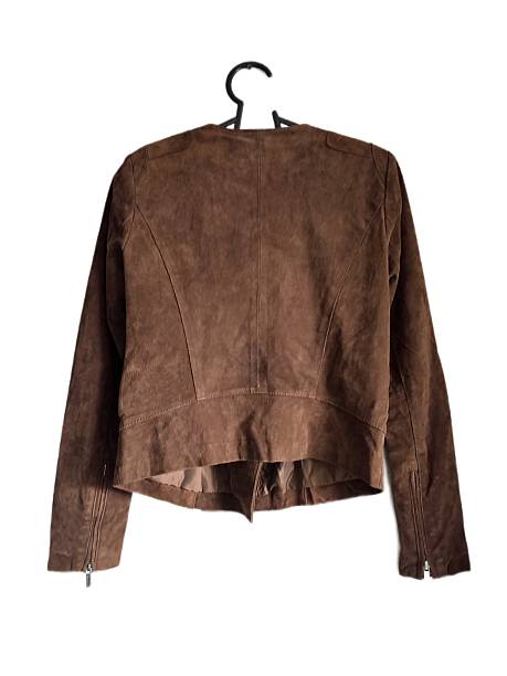 istock Chocolate brown real leather short suede zip biker jacket on hanger isolated on white background view from the back. Rich colour, autumn women's outerwear. Zippers on sleeves, slim fit, high waisted 2239948644