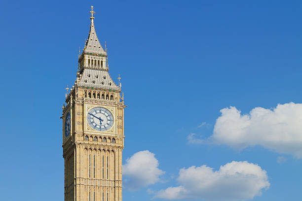 Close-up view of Big Ben, the clock tower of the Palace of Westminster in London, England. The Gothic Revival structure is one of the most recognizable symbols of the United Kingdom.