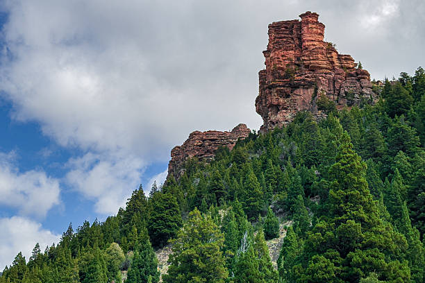 The Enchanted Valley on the Limay River, featuring rugged rock formations, forested slopes, and vibrant green water under a blue sky