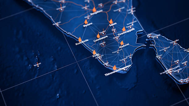 istock Kochi map big data visualization. Futuristic map infographic of city in India. Visual map data complexity in modern blue and orange colors 2239960939