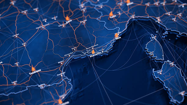 istock Marseille map big data visualization. Futuristic map infographic of city in France. Visual map data complexity in modern blue and orange colors 2239962120