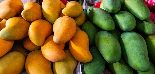 Pile of fresh mango fruits at a fruit stand