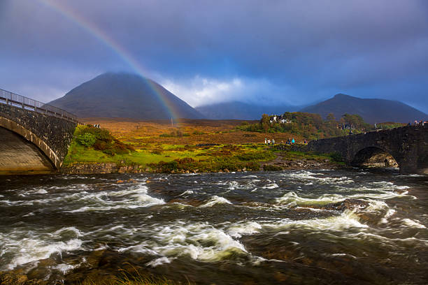 A rainbow lights up the sky at the Old Bridge, Sligachan on the Isle of Skye.