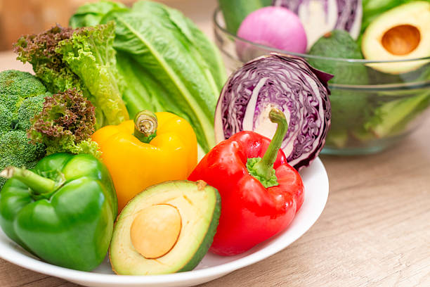 Vibrant arrangement of fresh red, yellow, and green bell peppers, broccoli, lettuce, and avocado on a white plate.