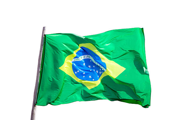 istock Brazil national flag textile cloth waving on top, white background copyspace 2239971807