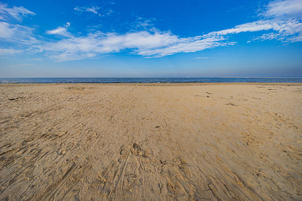 Expansive, empty golden sand beach stretching along the Baltic Sea, under a vibrant blue sky dotted with scattered white clouds, perfect for solitude