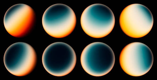 Set of futuristic gradient spheres in deep blue and glowing golden hues inspired by colors of sunset and ocean. Amber and turquoise glowing spheres for creative design, digital art and minimal posters