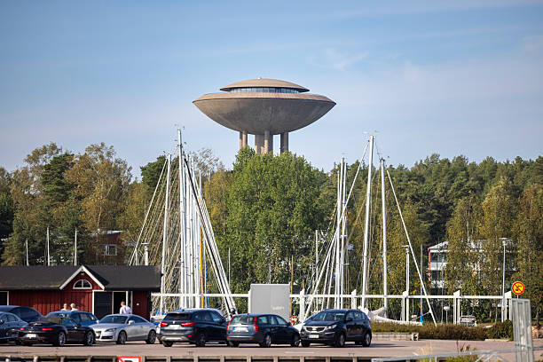 Espoo, Finland: Sep 9th 2025: Old water tower is transformed to a high end restaurant and vantage point in Espoo.