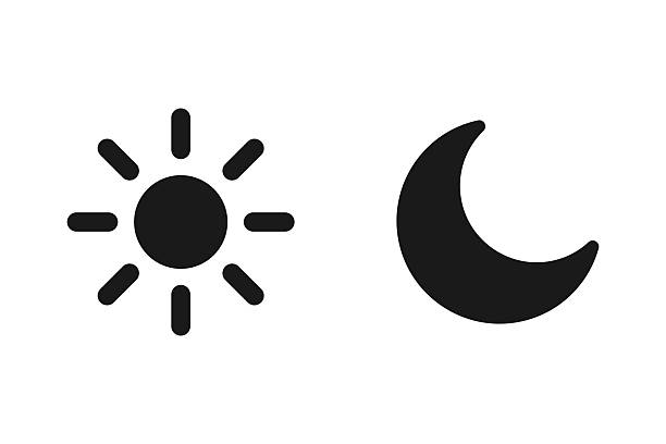 Sun and moon icon symbolizing day and night. Minimal flat vector design for light and dark mode, weather app, or UI theme switch. Sun and moon icon set designed in a minimal flat vector style, symbolizing day and night. Perfect for light and dark mode toggles, weather apps, or UI theme switches, these icons provide a clear visual representation of time or theme changes. Their clean, modern design ensures seamless integration into mobile apps, websites, and digital interfaces, enhancing user experience while maintaining a professional, contemporary, and visually appealing appearance across platforms. sun icon stock illustrations