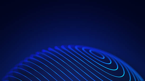 Half of blue sphere on blue background. Blue orb on half of screen. neon vector circle, balls light. Round geometric figure. Spherical shape of lines.