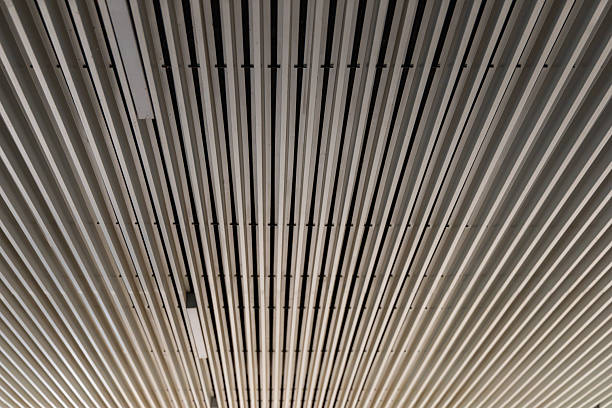 Modern architectural ceiling with white parallel lines creating a sense of depth in a passage between buildings, showcasing contemporary interior design