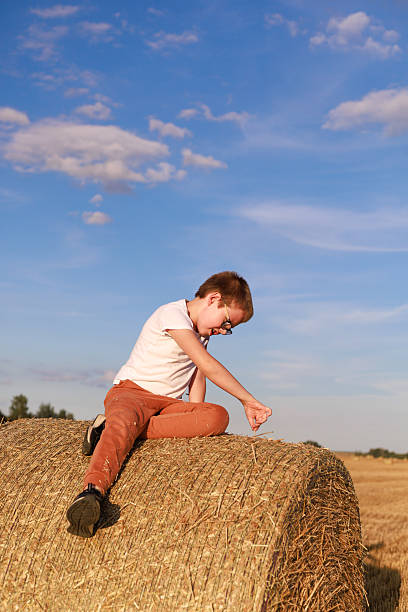 istock Boy sitting on hay bale in evening light 2239978740