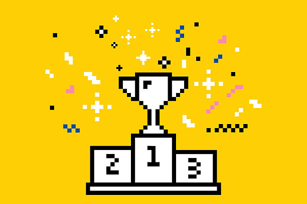 Podium for winners with a gold cup in pixel art style. Pixels pedestal. Sport podium. Fireworks. Confetti. Mood of 90's aesthetics. 8-bit retro style vector illustration. Trendy geometric brutalism
