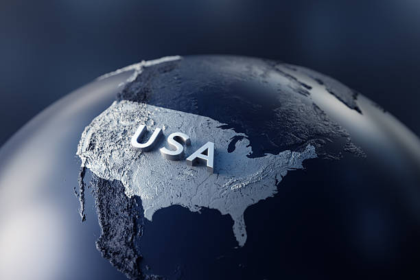 A detailed 3D globe emphasizes the United States with a cool blue background, ideal for topics like geography, travel, business, and global branding.