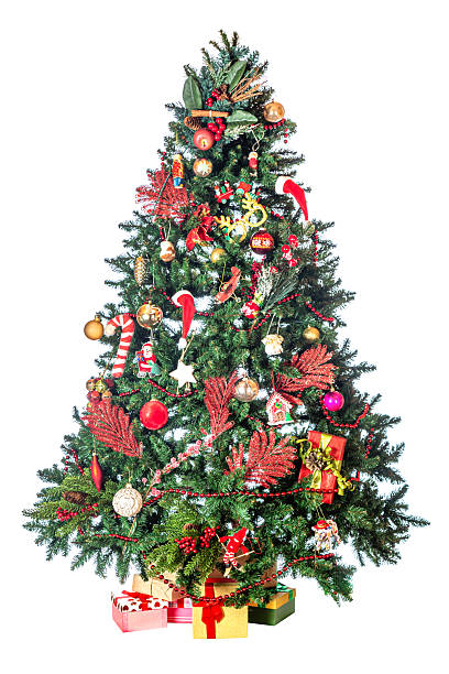 istock Decorated Christmas tree with presents isolated on white background. Home interior with decorated Christmas tree and gift boxes under it for the New Year celebration 2240004839