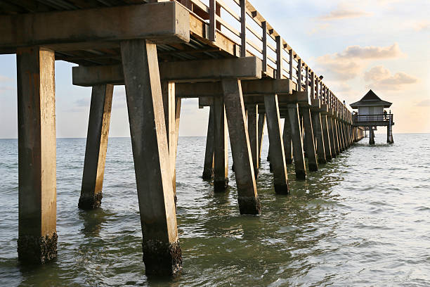 The view from underneath a pier, looking out towards the ocean.