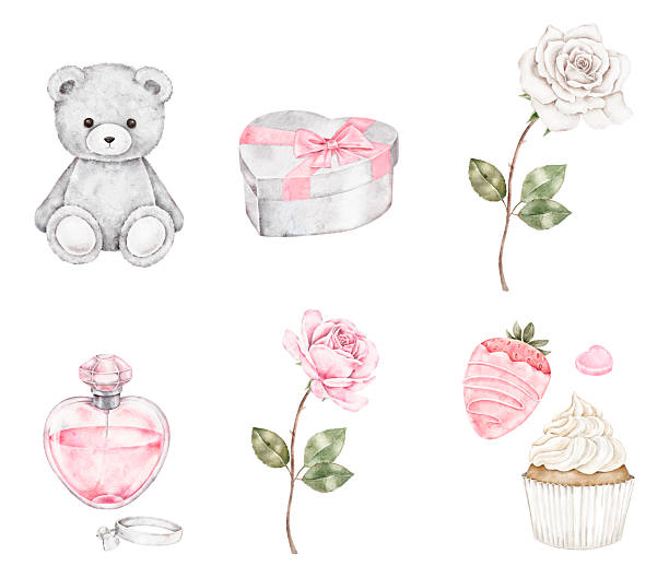 istock Romantic watercolor set with teddy bear, gift box, pink rose, perfume bottle, strawberry, and cupcake. Gentle composition for Saint Valentines Day cards, invitations, posters, or packaging designs. 2240010605