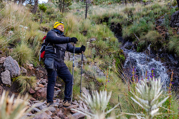 Man hiking on volcanic terrain with trekking poles, admiring a flowing mountain waterfall