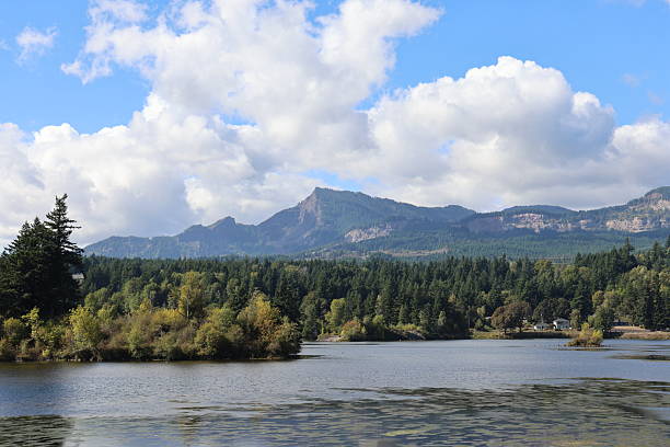 View on mountain and lake in Washington state from highway 14