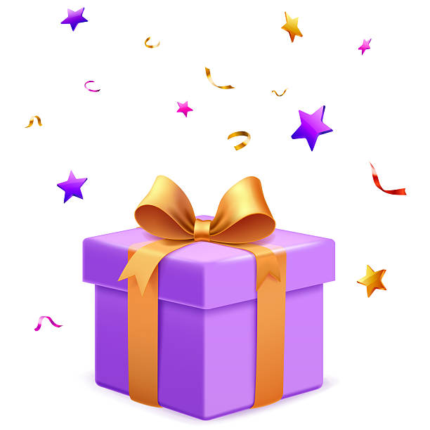 istock Purple gift box with gold ribbon and colorful stars and confetti. 2240017639