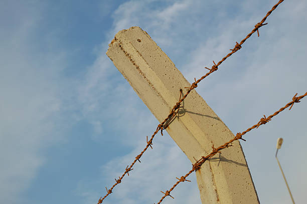 A close-up image capturing the serene contrast between a concrete fence post entwined with rusted barbed wire and the clear blue expanse of the sky. The sunlight enhances the textures.