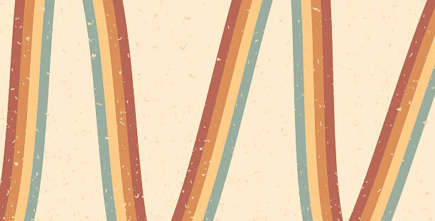 Retro rainbow vertical lines path background. Horizontal banner with boho stripes abstract pattern. Vector vintage curved underline geometric backdrop. Dynamic grunge noise playful wallpaper.