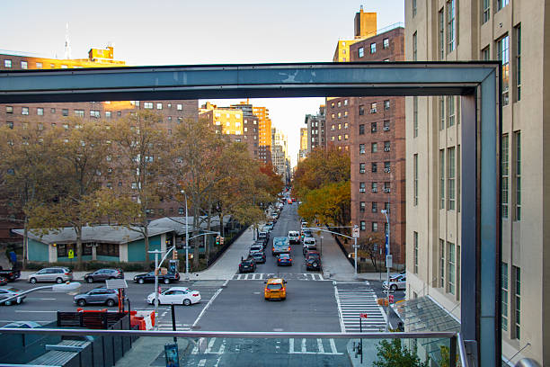 The Autumn leaf color trees and a typical street as seen from the the elevated HJigh Line linear park in Chelsea, Manhattan, New York City, USA