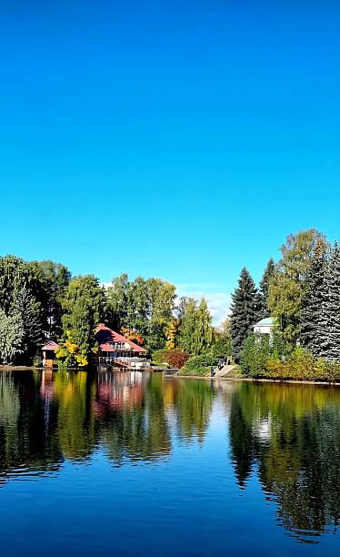 istock Clear blue sky over a tranquil park lake. 2240033153
