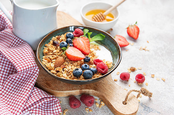 istock Healthy breakfast granola bowl with fresh berries 2240054093