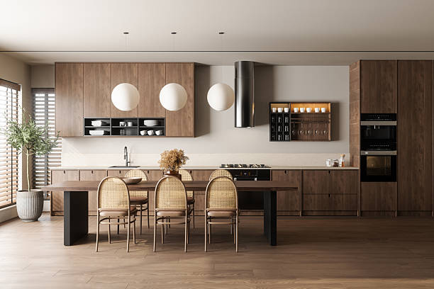 Modern Japandi Style Kitchen Interior with Wooden Cabinets and Minimalist Dining Area