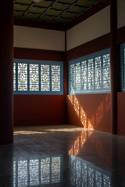 Interplay of Light and Shadow Through Traditional Lattice Windows in an Ancient Building