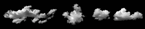 istock Set of white clouds isolated on a black background, perfect for sky design, atmosphere effect, fantasy artwork, weather concept, dream theme, and natural environment composition. 2240061503