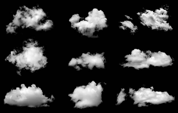 istock Set of multiple white clouds isolated on black background, perfect for sky design, weather concept, atmosphere composition, visual effects, dream scene, and digital nature artwork. 2240061515