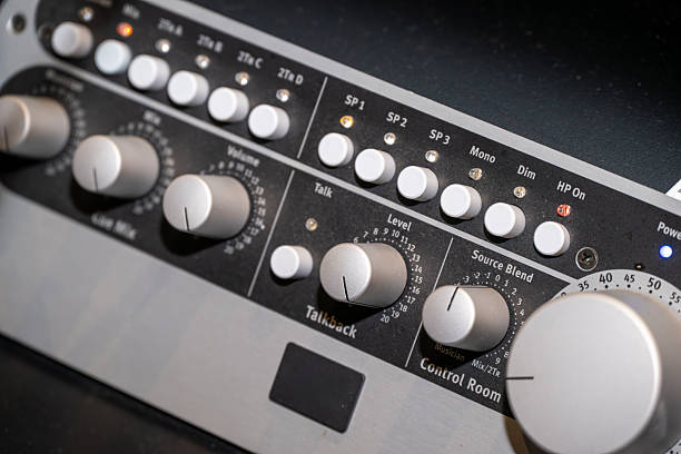 Close-up View of an Audio Mixing Console with Various Knobs and Control Settings