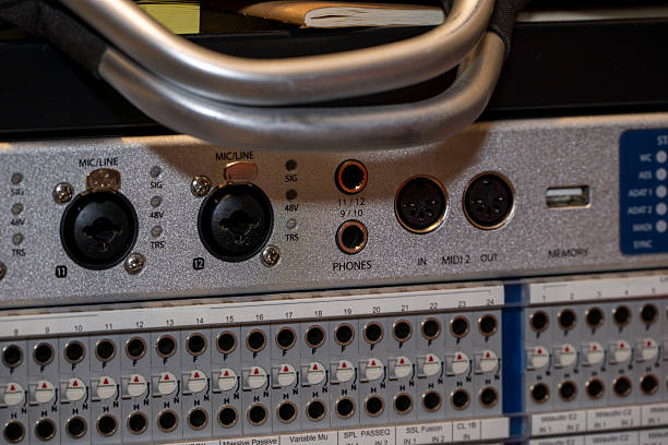 Close-up of Audio Mixing Console Input and Output Connectors with Detailed Control Panel