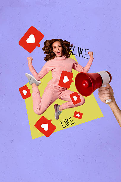 istock Collage of crazy jumping influencer like icon with heart symbolizing internet popularity social media trends 2240069659